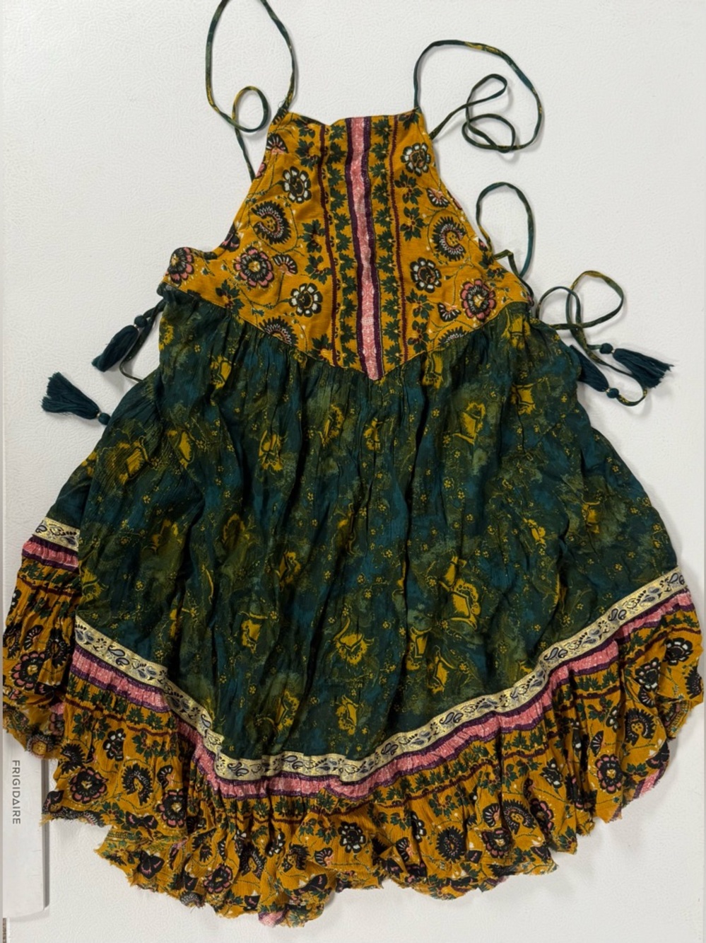 Free People Casablanca Floral Print Trapeze Green Tassel Tie Slip Dress Women XS